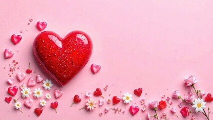 Obraz premium Hearts and flowers on a white background, top view, layout for a card for Valentine's Day, Mother's Day, weddings, place for text