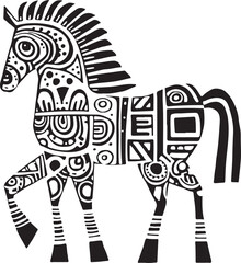 Horse inspired by traditional Mexican tribal graphics, black and white, bold contrasts