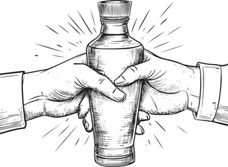 Isolated hands holding a cocktail shaker, in line art style