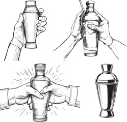 Isolated hands holding a cocktail shaker, in line art style
