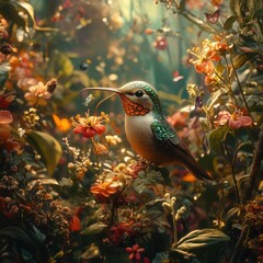 Obraz premium A vibrant hummingbird amidst a lush garden filled with colorful flowers.