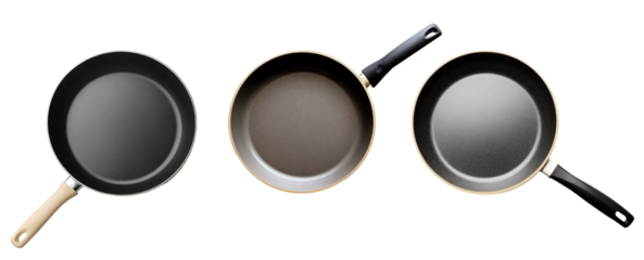 Three nonstick cookware pans showcasing their sleek, functional designs.