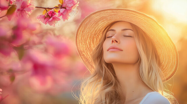 Young Woman Enjoying Blossoming Flowers in Sunrise Light with Straw Hat and Serene Expression in Springtime Nature Background