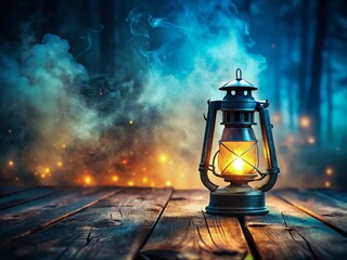 Surreal Burning Lantern Wooden Table, Mystical Flame, Fantasy Night Photography, Dreamlike Light