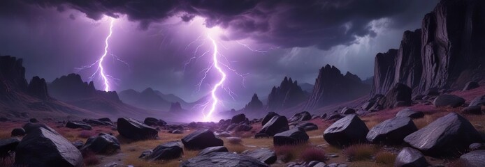 A bolt of purple lightning illuminates a stormy darkening landscape amidst rocks, post-storm scenery , intense light, high voltage energy