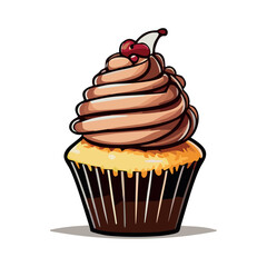 Vector Illustration of a Chocolate Cupcake with Swirled Frosting and Cherry on Top – Delicious Dessert Clipart