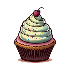 Vector Illustration of a Colorful Cupcake with Swirled Icing, Sprinkles, and Cherry on Top – Sweet Dessert Clipart
