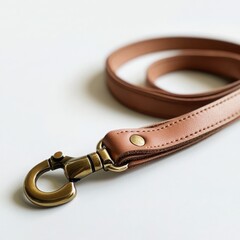 A leather dog leash with a smooth finish and a brass hook on a white background 