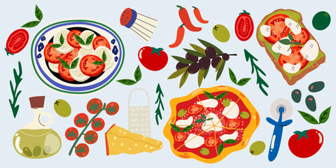 Traditional Italian cuisine. Vector retro stickers of traditional products, pizza, pasta, caprese, olive oil, tomatoes, mozzarella, parmesan cheese