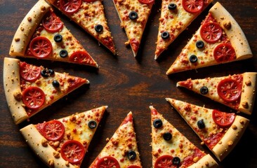 frame for text made from slices of pizza, wood table background