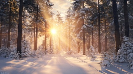 Naklejka premium A serene winter forest bathed in golden sunlight, with snow-covered trees and a tranquil atmosphere.