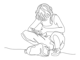 Young woman squatting and using phone. Put bag on ground. Continuous line drawing. Black and white vector illustration in line art style.