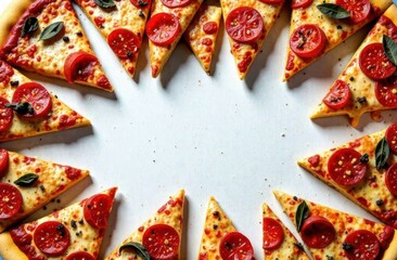 frame for text made from slices of pizza, white concrete background