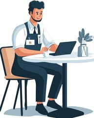 Waiter engages with customers through a laptop while seated at a cafe table