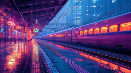 Ultra-detailed and realistic view of an empty Osaka train station at night, illuminated by soft city lights, showcasing a serene and atmospheric urban setting