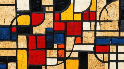 Obraz premium Abstract geometric painting with red, yellow, blue, and black shapes on a cork background.