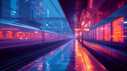 Fototapeta premium Ultra-detailed and realistic view of an empty Osaka train station at night, illuminated by soft city lights, showcasing a serene and atmospheric urban setting