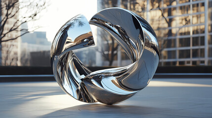 Abstract chrome sculpture in urban setting. Reflective. Illustration
