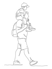 Man with backpack and son sitting on shouldern walking. Side view.  Continuous line drawing. Black and white vector illustration in line art style.