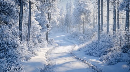 Obraz premium A serene winter pathway surrounded by frosted trees in a tranquil forest, evoking a sense of peace and beauty.
