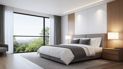 Modern minimalist bedroom interior with large window and serene natural view, elegant furnishings and design