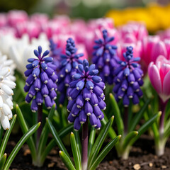 Vibrant Purple Hyacinths Blooming in a Colorful Spring Garden