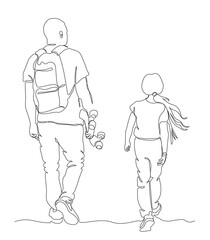 Man with backpack and girl walking away. Father holding skateboard. Continuous line drawing. Black and white vector in line art style.