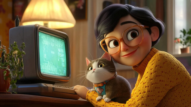 the character of a woman and a cat sitting in front of a computer monitor. 