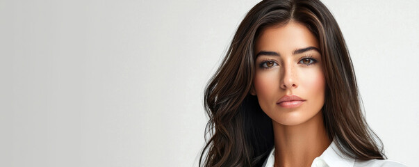 Stunning woman poses with natural makeup and flowing hair in a minimalist studio setting