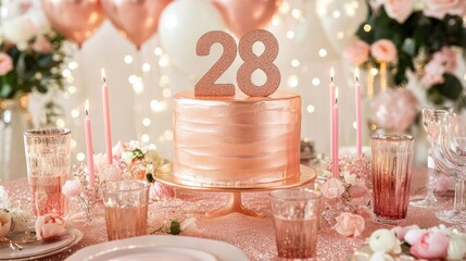 A rose gold birthday cake with "28" candles, surrounded by elegant party decorations and sparkling fairy lights.