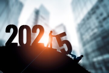 Silhouette of teamwork friends standing with 2025 text