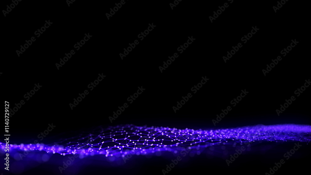 Poster Abstract wave with blue light on black background. Science background with moving dots. Network connection technology. Digital structure with particles. 3d rendering.