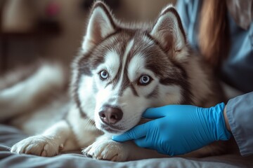 Close-up of a Siberian Husky dog being gently petted by a person wearing blue gloves.