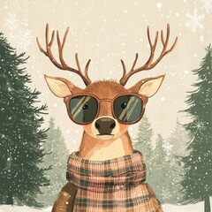 Fototapeta premium Stylish Deer Sporting Sunglasses and a Cozy Scarf Stands in a Serene Winter Forest Surrounded by Falling Snowflakes