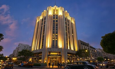 Art Deco Hotel at Dusk, Illuminated Facade and Classic Cars on City Street - Powered by Adobe