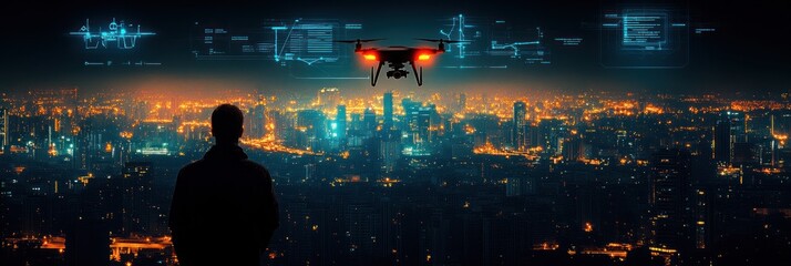 A silhouette of a person observing a cityscape with a drone and digital overlays.