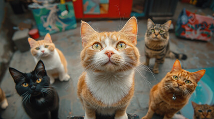Curious cats gather in vibrant setting, showcasing various colors and breeds
