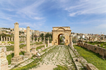 Roman ruins in the Jordanian city of Jerash (Gerasa of Antiquity), capital and largest city of Jerash Governorate, Jordan