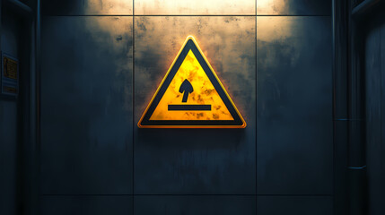 A brightly lit, high-contrast, warning sign with bold black text and yellow background, mounted on a clean, reflective wall surface. Reflective. Illustration