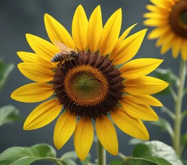 Fototapeta premium Apis mellifera collecting nectar from a bright yellow sunflower, insect pollination, bee hobby , apiary life