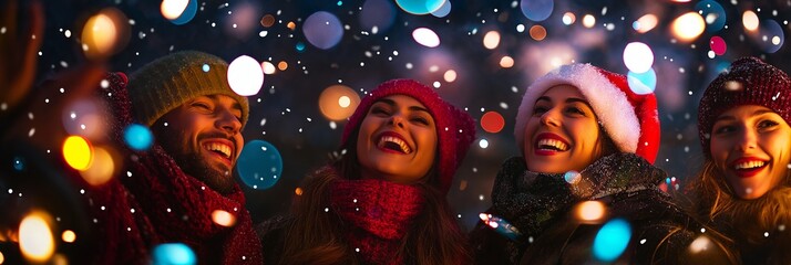 Fototapeta premium A joyous group of friends laughs heartily amid lively holiday lights in a festive winter setting.