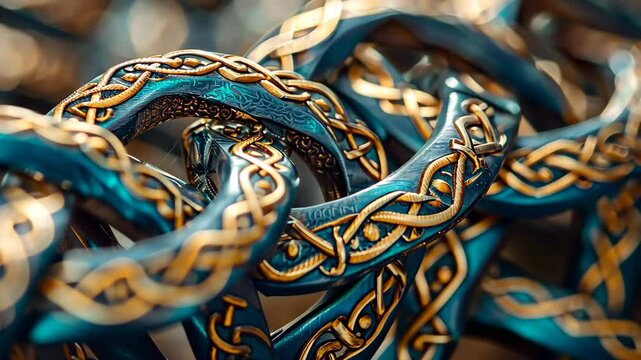 A close-up view highlights the intricate patterns of a Celtic chain, featuring rich blue and gold colors, illustrating exceptional craftsmanship and artistic detail.