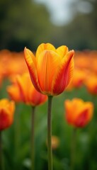 Single orange tulip flower in a field with other blooming flowers, orange, tulips