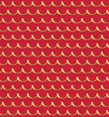 Seamless abstract pattern in the form of golden waves on a red background. Elegant vintage texture.