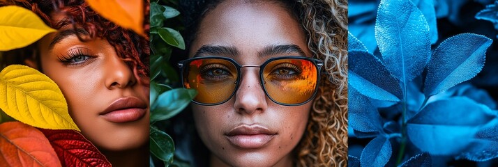 Obraz premium An artistic portrayal of three powerful close-ups blending human beauty with the essence of nature.