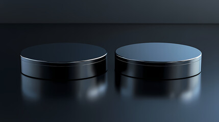 A glossy black podium with smooth edges, placed on a reflective floor with a dark, minimalist background and subtle lighting for a modern, sophisticated look. Reflective. Illustration