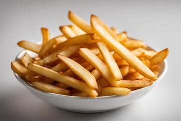 Close-up of golden, crispy French fries in a white bowl, with a simple, blank background. The fries are neatly arranged, showcasing their texture and color.