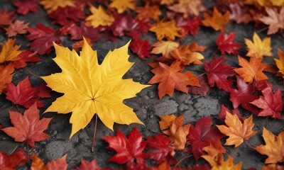 A bright yellow maple leaf resting on a patch of vibrant orange and red leaves, fall colors, leaf details