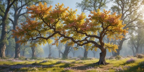 Fototapeta premium Small oak tree with flowers blooming in spring, oak blossoms, greenery