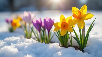 Naklejka premium A vibrant scene showcasing the first signs of spring, with blooming flowers such as crocuses and daffodils pushing through the thawing ground. 